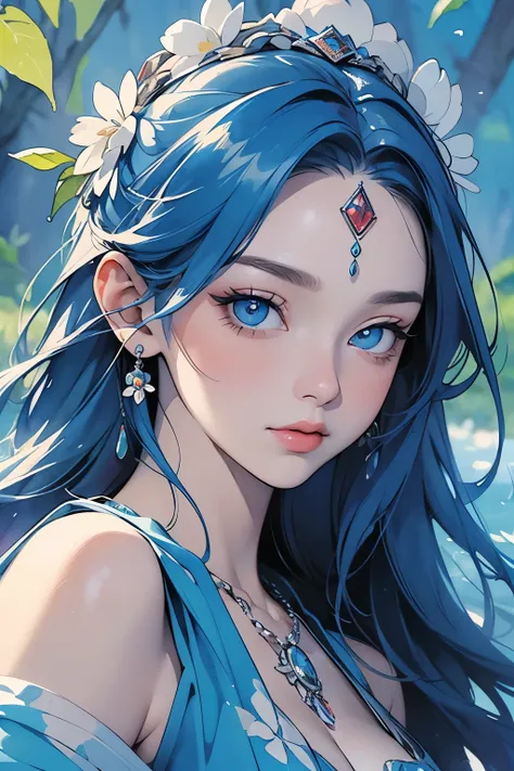 (Highest quality),(masterpiece:1.2), (colorful:0.9), (splashing ink),(Color splashes),((watercolor)), Sharp focus, Model shoot,, (Portrait of the Goddess of Spring:1.5), Cute expression,Elegant blue hair, Beautifully detailed face and eyes, Sophisticated G...