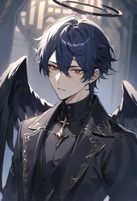 solo, handsome, 1 male, short hair, dark blue hair, dark red eyes, black shirt, black coat, halo, dark small wings behind ears