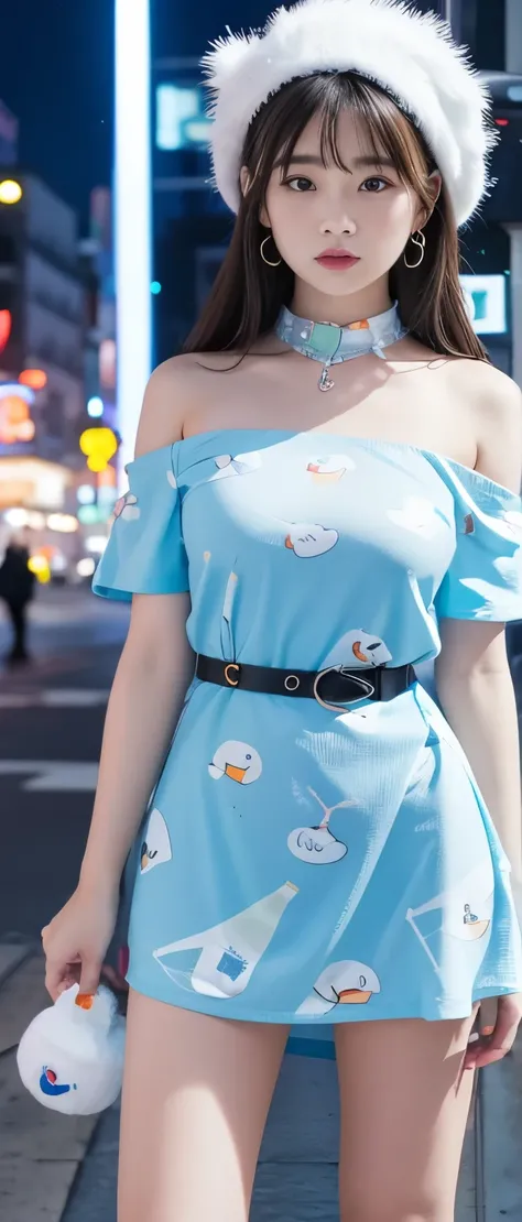 Cool idol girl、whole body、Good style、、、、、、、、、、Thick legs、、Snowman print shirt（Off the shoulder）、Fluorescent blue tight dress、Cool girl face、、、、Glowing icicle、Frozen night city、Penguin Belt、