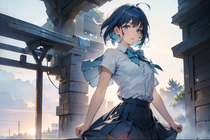 Masterpiece, ultra-definition, 8K portrait, raw photo, portrait photo, high-definition face, beautiful and detailed eyes, ((fantasy)), (short blue hair: 1.5), ahoge, blue and yellow two bow ties, beautiful high school girl, short sleeve shirt, (gray color ...