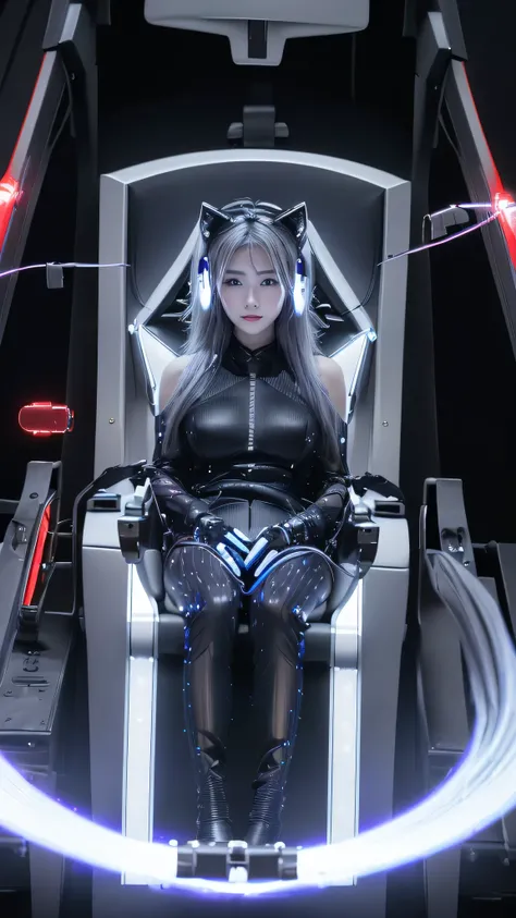 ultra HD,masterpiece,Beautiful and realistic character expression. Her hair is long、It is a beautiful silver color., Beautiful as silk, clear, dimly glowing, Ominous Light, Fox-like ears, and bushy, Fluffy silver fox tail, Her white skin glows faintly in t...