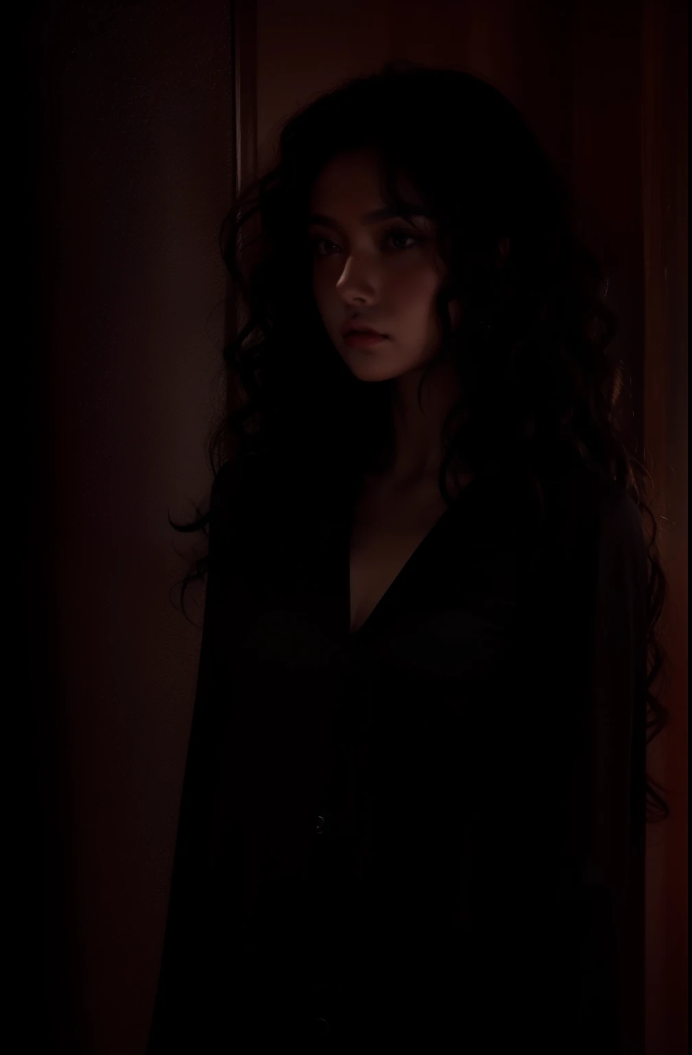 1 woman,Curly hair,in the dark, Medium shadow black clothes