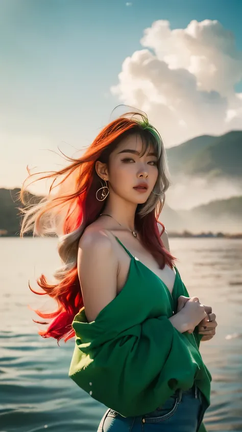 1.5),(1 girl),(dynamic posture),(multicolored hair+silver hair:1.3+red hair:1.2+보라색 hair+hair:1.3+[green hair:1.3),(blue eyes),(neck ribbon),(floating),(cloud),(There are too many water drops),(Dusk),(Watercolor),([Wide range of shots)