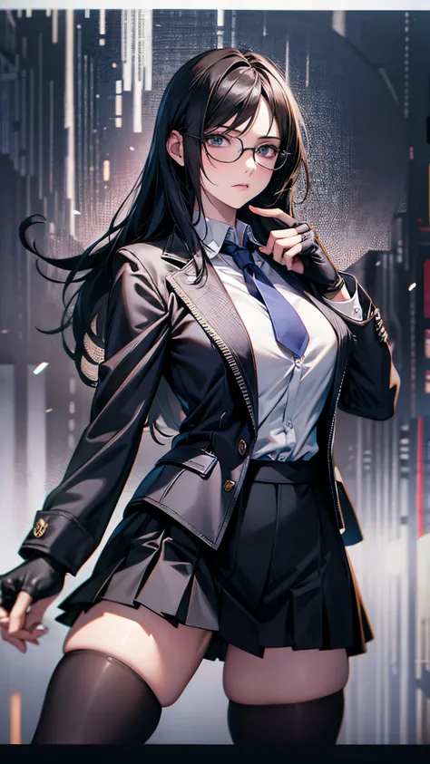 one  girl,long black hair,glasses,fight against monster,((fingerless gloves)),school uniform,Long sleeve,Jacket,high socks,loafer,(best quality,4k,8k,highres,masterpiece:1.2),ultra-detailed,(realistic,photorealistic,photo-realistic:1.37),highly detailed po...