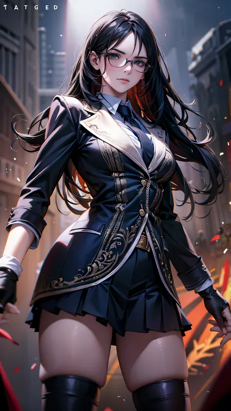 one  girl,long black hair,glasses,fight against monster,((fingerless gloves)),school uniform,Long sleeve,Jacket,high socks,loafer,(best quality,4k,8k,highres,masterpiece:1.2),ultra-detailed,(realistic,photorealistic,photo-realistic:1.37),highly detailed po...