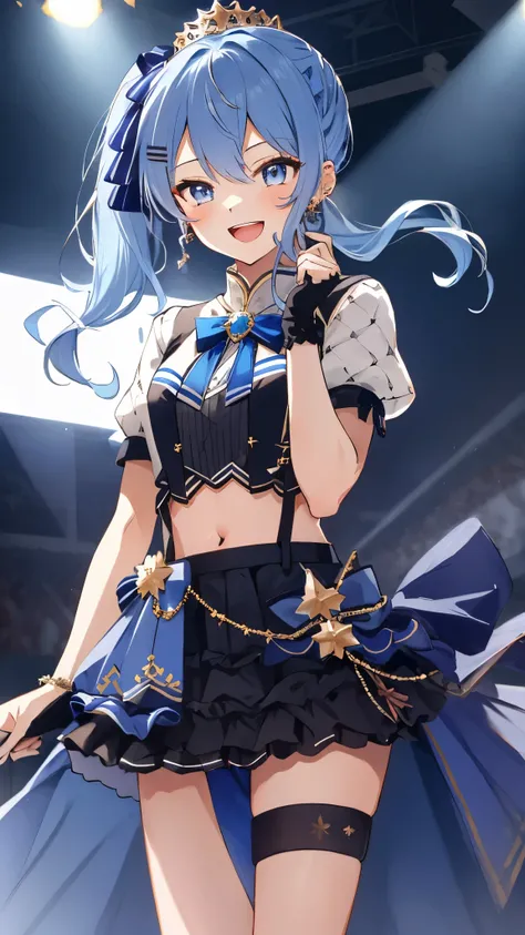 best quality, absurdres, 1girl, solo, Hoshimachi Suisei, light blue hair, blue eyes, happy, smile, parted lips, slender, sidelocks, sideponytail, toned, 
idol, idol clothes, hololive idol uniform, bowtie, blue skirt, brooch, dress, concert, on stage, frill...