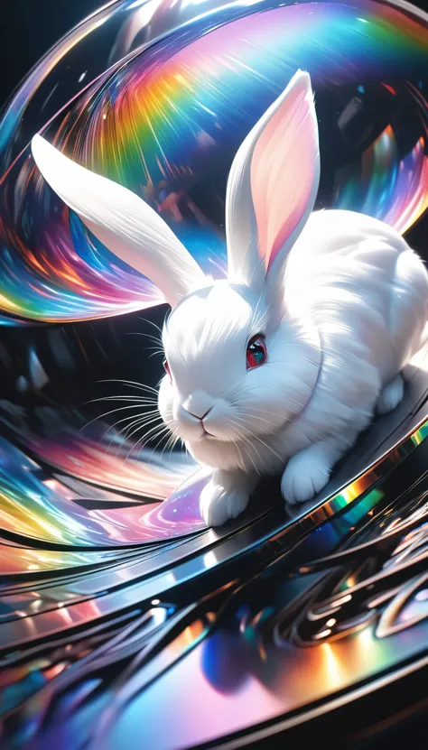 a white rabbit, surreal pure white, black and white aesthetic, hyperrealism, arw, (((gradient effect, seamless layering, hologra...