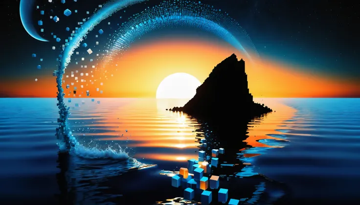 A magical dark coast at night made up of RAL-3D cubes,A horizon in a far away place,The fish is jumping,Wrapped in the fantastic light of the stars,A very beautiful secret sea,Beautiful big sea,The fish is jumping
