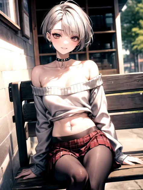 (masterpiece, highest quality, extremely detailed CG), perfect pixel, one girl, cute, perfect body, anatomically correct, beautiful eyelashes, 

 20 years old, ((adult women)), (clear makeup:1.3), cherry pink lip, ((ash gray hair)), (punkish very short hai...