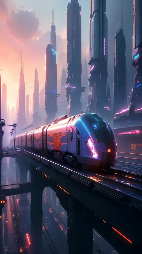 futuristic city with train on rails and futuristic train on rails, cyberpunk overground train, Futuristic art style, Futuristic digital painting, Futuristic digital art, concept art wallpaper 4K, artstation and beeple high, Futuristic art, Futuristic conce...