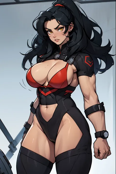 mad girl black hair yellow eyes pale skin long hair large breasts huge muscles skintight (bold outlines bold outlines bold outlines)