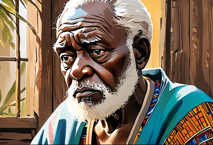 A 5 grandpa, looking very sad, gloomy, 
African (masterpiece best quality:1.2) delicate illustration ultra-detailed, illustrations, bright, colourful, 