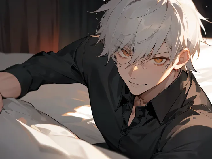 Working Adults.,male,White skin,Handsome,Cool vibe,I,Gray,Golden Eyes,short hair,Gloomy mood(Masseter muscle area,Viewer Perspective,Upper Body,Face close-up,Horny,Wicked Smile,Yandere atmosphere,,Night atmosphere,Black shirt,Hotel room bed