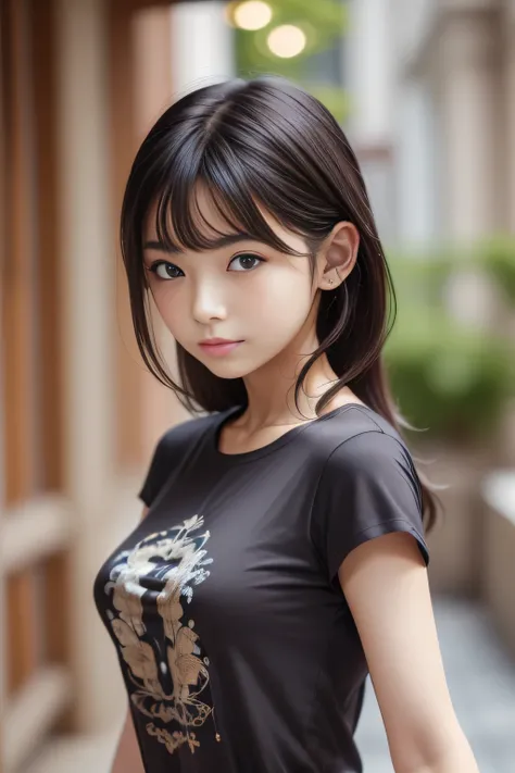 (Highest quality, High resolution, masterpiece :1.3), Beautiful woman, Slim figure, Dark brown hair, T-Shirts, (Night Street), Highly detailed face and skin texture, Beautiful Eyes, double eyelid,Side view,