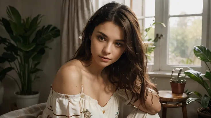 The image captures a beautiful woman with dark skin seated on a stool in a photography studio. She wears a loose, off-shoulder top paired with pajama pants, and her long curly hair falls naturally. The studio is softly lit, with plants in the background an...