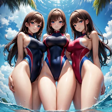 ((masterpiece,best quality,ultra detailed,high resolution)),looking viewer,((slender)),brown hair,bob,(beautiful detailed face,beautiful detailed eyes),(finely detailed skin,fair skin),big breast,light_smile,3-girls, (competition swimsuits),from below, arm...