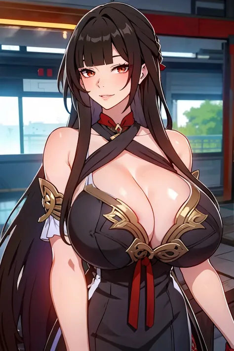 An anime-style artwork depicting lingsha from the game star rail

Tags: lingsha(honkai star rail), black hair, blunt bangs, very long hair, 1girl, dress, anime, detailed eyes, detailed lips, , smiling expression, intense gaze, dynamic pose, indoor, palace,...