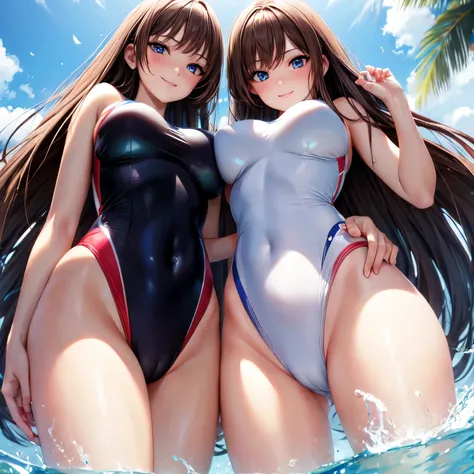 ((masterpiece,best quality,ultra detailed,high resolution)),looking viewer,((slender)),brown hair,bob,(beautiful detailed face,beautiful detailed eyes),(finely detailed skin,fair skin),big breast,light_smile,3-girls, (competition swimsuits),from below, arm...