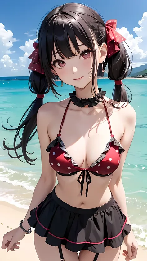 masterpiece,Ultra-high resolution、Highest quality、Sexy pose、On a tropical beach、30 years old、Black Hair、Twin tails:1.2, Pink Eyes, smile、tilt your head、Ribbon Garter、Large gemstone earrings and chokers:1.5、Chain belt、string、Standing with legs apart、Small b...