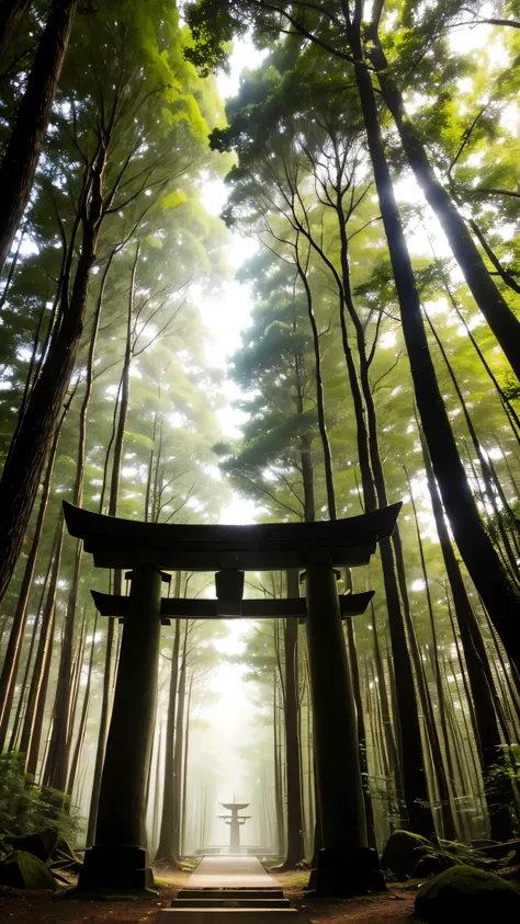 explanation: In a secluded forest, Sunlight penetrates through the dense canopy, Casts a magical glow on the forest floor. Towering Tree々に囲まれている日本のtorii, Mysterious shadows come to life, Those who listen々whisper a secret to. The mysterious charm of whisper...