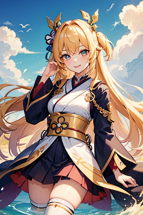 One girl, Japanese clothing, Gold Hair, Sapphire Eyes, Thighs,Older sister destiny (series), Genshin Impact, ****, Open jacket, skirt, Knee-high socks, cloud　Front face　smile