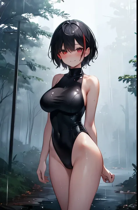 rain,fog,cloudy,forest,Red eyes,Standing,short hair,boyish,Black Hair,blush,shy,Cowboy Shot,View your viewers,Big Breasts,Sweaty,Wet,Black leotard,High leg,barefoot,smile,