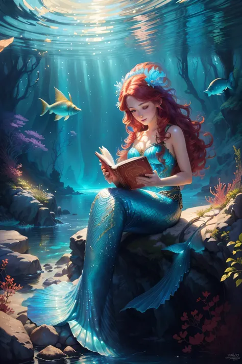 a ten years old mermaid reading a book in the ocean with fish, red book, red hair, beautiful mermaid with a stack of books next to her, fantasy book illustration, beautiful fantasy art, beautiful detailed fantasy, very beautiful fantasy art, graphic artist...