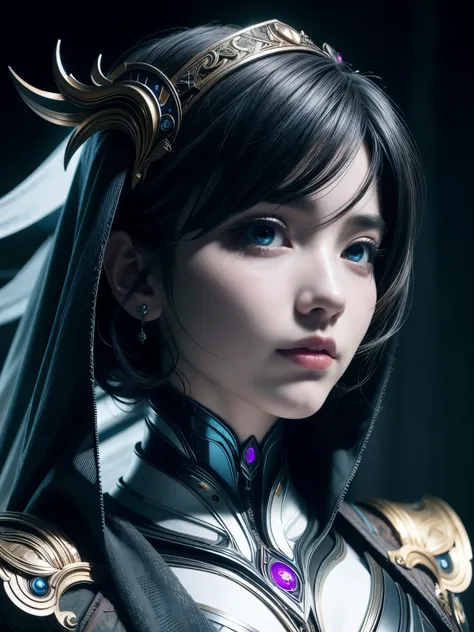 (best quality), (masterpiece), (detailed), 8K, Hyper-realistic portrait depicts a (futuristic Japanese girl1.5) adorned in (ethereal Baobhan Sith-inspired attire1.4). Her (piercing gaze1.4) commands attention, framed by (shimmering veils1.3), (holographic ...