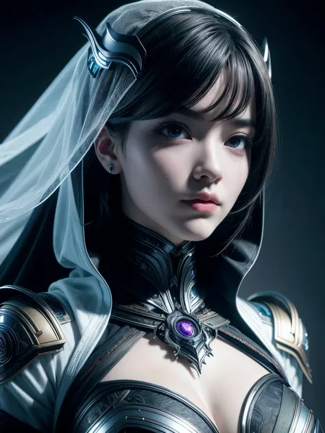 (best quality), (masterpiece), (detailed), 8K, Hyper-realistic portrait depicts a (futuristic Japanese girl1.5) adorned in (ethereal Baobhan Sith-inspired attire1.4). Her (piercing gaze1.4) commands attention, framed by (shimmering veils1.3), (holographic ...