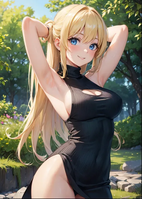 masterpiece, 8K, best quality, highly detailed, 1girl, blonde hair, long hair, blue eyes, mocking smile, turtleneck Sleeveless sweater dress, sideboob, cleavage cutout, arms behind head, looking down, from below, Lush green park