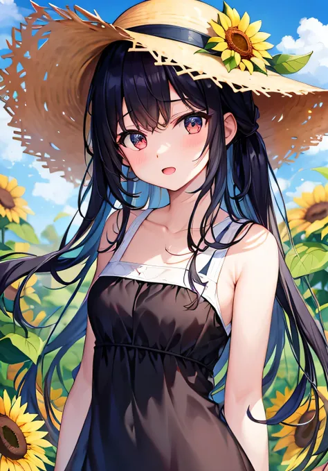 masterpiece、Highest quality、Ultra-high resolution、nsfw、teenage girl、twin tail hairstyle、black hair、Red face、shyly、open your mouth just a little、((White one-piece dress with transparent body line))、Wear a straw hat、Beautiful bare legs、standing、Sunflower fie...