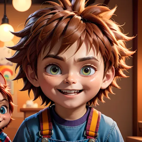 a cartoon boy with a cute chucky-like character, highly detailed, beautiful ghibli style, 8k, photorealistic, studio lighting, w...