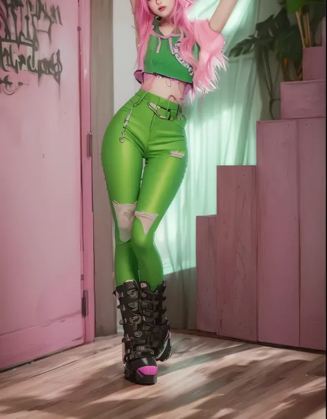 aVATAR SECOND LIFE Korean girl wearing green blouse, pink  hair, pink  hair, pink  hair, Asian, Perfect and detailed face, imvu, maximalist details, AVATAR SECOND LIFE Korean blusa , neon, black pants and boots