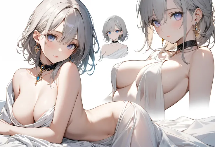 best quality, super_delicate, super delicate eyes, ultra detailed, beautiful, 8k , 1girl, lying, beautiful stomach, bare shoulder, semi nude, breasts hidden by silk cloth, earrings, choker, bed, white background, no background, concept art