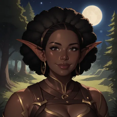 (((beautiful, high quality, perfect eyes, comics style, semi-realistic, detailed face))), score_9, score_8_up, score_7_up, BREAK 1girl, solo, elf female, african, ebony skin, black hair, afro hair, thick hair, big dark-brown "doe" eyes, lovely easy smile, ...