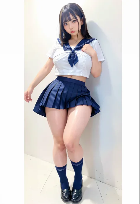 ,(Best Quality,8K,High resolution,realistic pictures:1.2),(cute girls,one girls,gravure idols),1,Blunt bangs,thin waist,shiny skin,(sailor uniform,Navy Blue very short pleated miniskirt:1.3),Looking at viewer,(huge breast),White background,upset,terrified