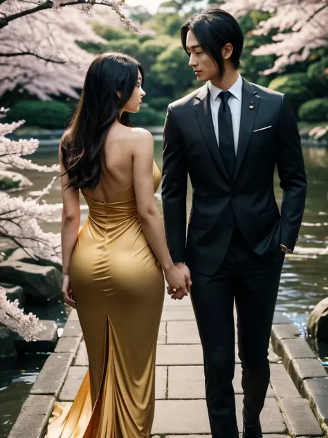 A captivating scene unfolds in a serene Japanese garden under a clear, moonlit sky. A Japanese woman stands gracefully, her back turned to the viewer. Her long, raven-black hair flows down her spine, framing intricate traditional Japanese tattoos that cove...