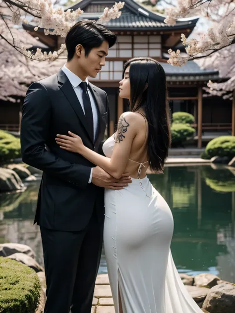 A captivating scene unfolds in a serene Japanese garden under a clear, moonlit sky. A Japanese woman stands gracefully, her back turned to the viewer. Her long, raven-black hair flows down her spine, framing intricate traditional Japanese tattoos that cove...