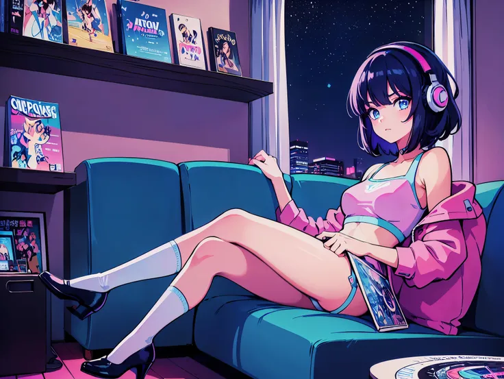 (masterpiece), (2 girls:1.3) Highest quality, Expressive eyes, Neon pastel aesthetics, Retro 90s, Neon color,((Girl sitting on sofa,In a cozy room,Records hanging on her wall, Comic books on the floor, Looking out the window behind her at the night city, U...