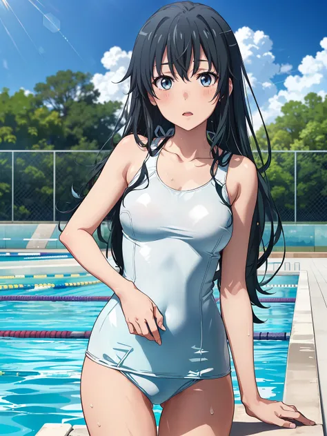 ((Highest quality, High resolution,  Perfect Pixel,  4K)),  (Beautiful Anime), Depth of written boundary、
Watching the audience, 
Perfect body, 

Yukinoshita Yukino、Long Hair、Black Hair、

(blush:1.1)、

School Swimsuit、(White swimsuit:1.3)、
School swimming ...