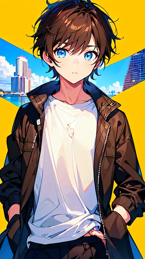 [(YELLOW BACKGROUND:1.5),::5], ((((masterpiece)))), high quality, ultra very high resolution, full color, (((solo))), ((little boy)), ((mens short brown hair)), (Blue eyes), anime, ((upper body)), Summer clothes, black parka, 