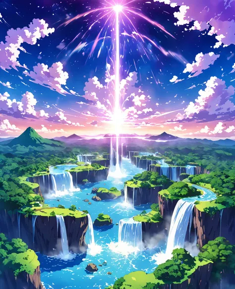 3 animated islands anime 2.5D art smooth strokes falling waterfalls of hot water evaporating from the first to the last they are floating in the sky a magical purple light post pulsating energy on each island