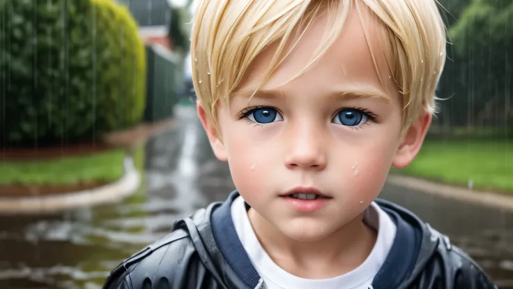 d_Clark, close up of a  blond boy, playing in the rain, suburban street, typical 70&#39;s scenario, high quality hyperrealistic photography, accurate detail, living room scene in night environment.