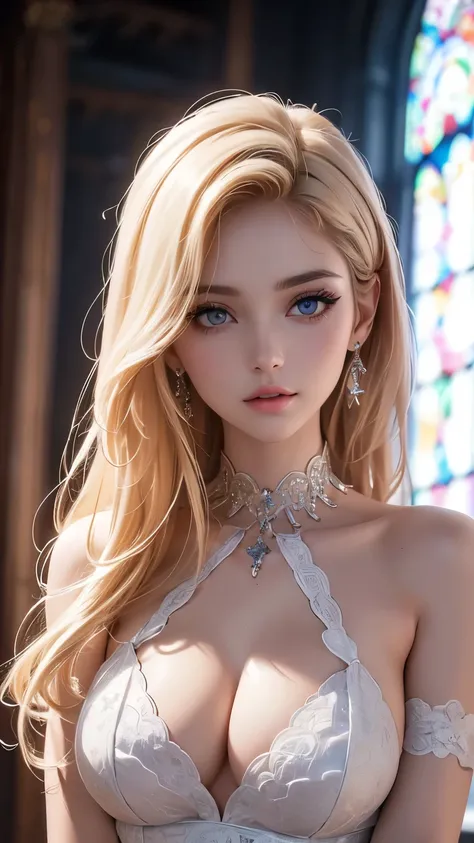 a slim beautiful girl with blonde long hair, white skin, light purple eyes, sharp jawline, wearing a girls high school uniform with mini skirt and choker, in a seductive pose looking at the viewer, in a church setting, (best quality,4k,8k,highres,masterpie...