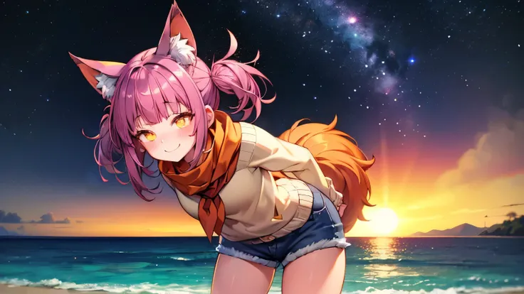 fox tail sticking out from behind, photorealistic, 1girl, saturated violet hair, orange fox ears (1.7), flat chest (1.7), puffed out her cheeks, saturated glowing bright orange eyes, cat-like pupils (2), sandy beach, denim shorts, sweater, narrow waist (2)...