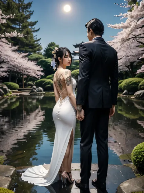 A captivating scene unfolds in a serene Japanese garden under a clear, moonlit sky. A Japanese woman stands gracefully, her back turned to the viewer. Her long, raven-black hair flows down her spine, framing intricate traditional Japanese tattoos that cove...