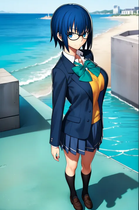 (masterpiece,best quality), scenery, tsukihimeciel, 1girl, full body, blazer, blue bow, blue eyes, blue hair, bow, bowtie, glasses, jacket, school uniform, short hair, big breast standing,detailed face, black shoes, long legs, buildings, next to her, ocean...