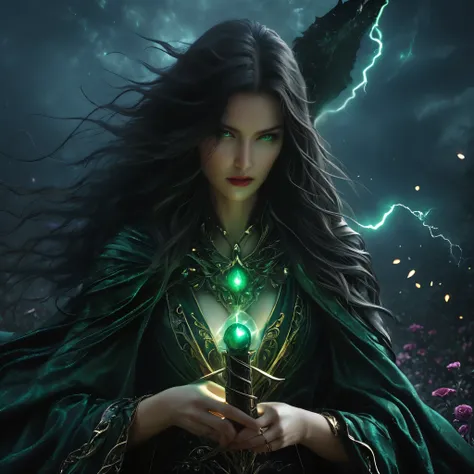 Magic Sword,legendary magic sword,Glory Magic Sword,Magic Sword,heavy metal style,metal art,Full metallic luster,Metal texture in the post-industrial era,Alloy wire crafts,a crystal pendant,Emerald inlay,well-built,Perfect craftsmanship,Magic lightning bac...