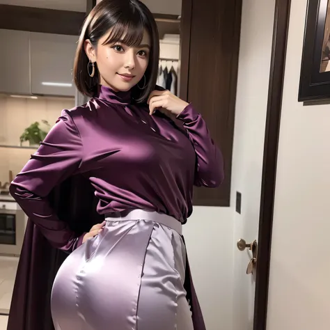 (8k, highest quality, ultra hd,masterpiece: 1.2)wearing a metallic turtleneck satin shirt with a strong sheen of silk satin:1.8,...