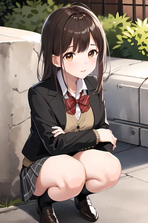 masterpiece, best quality, highres, 1girl, brown hair, long hair, bangs, brown eyes, medium breasts, red bowtie, school uniform, black jacket, open jacket, brown cardigan, white shirt, black skirt, plaid skirt, squatting, outdoors.